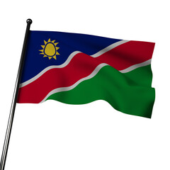 3D Namibia flag  waves against a gray background. Its blue represents the sky and the Atlantic Ocean, green symbolizes vegetation and the country's progress, and the sun signifies life and energy.