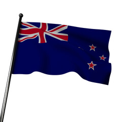 New Zealand flag, 3D rendering, waves against a gray background. It has a blue field with the Union Jack in the corner and four red stars representing the Southern Cross constellation