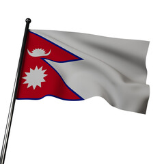 The flag of Nepal, a 3D illustration, waves on a gray background. Its crimson color represents courage, the blue border symbolizes peace, and the crescent moon signifies royalty.