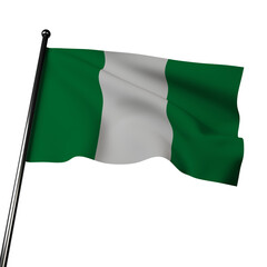 The Nigerian flag flutters against a neutral gray background in this 3D illustration. With vertical stripes of green, white, green