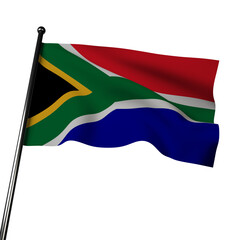 Illustration of South Africa's flag waving in the wind, isolated on a gray background. The flag features horizontal bands of red, white, and blue