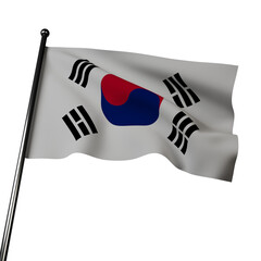Illustration of South Korea's flag waving in the wind, isolated on a gray background. The flag features a red and blue Yin-Yang symbol, called Taeguk, in the center