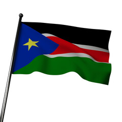 South Sudan's 3D flag waving in the wind, isolated on a gray background. The flag features three horizontal bands of black, red, and green, with a blue triangle on the hoist side.