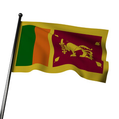 Sri Lanka's 3D flag waving in the wind, isolated on a gray background. The flag features a gold lion holding a sword on a maroon background.