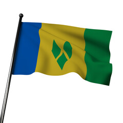 Illustration of St. Vincent and the Grenadines' flag waving in the wind, isolated on a gray. The flag has three vertical bands of blue, yellow, and green, with three green diamonds in the center.