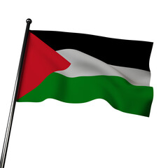 3D illustration of the flag of the State of Palestine waving in the wind, isolated on grey. Composed of horizontal bands of black, white and green, with a red triangle on the left.