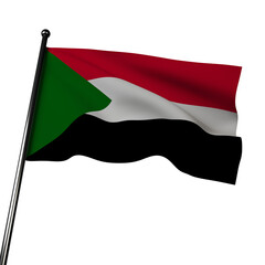 3D Sudan's flag waving in the wind, isolated on gray. The flag features horizontal bands of red, white, and black, with a green triangle on the hoist side. 
