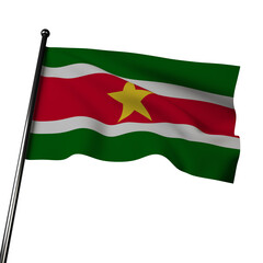 3D Suriname's flag waving in the wind, isolated on a gray. The flag has horizontal bands of green, white, and red, with a yellow star in the center. 