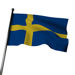Illustration of Sweden's flag waving in the wind, isolated on a gray. The flag has a blue field with a gold Scandinavian cross that extends to the edges. 