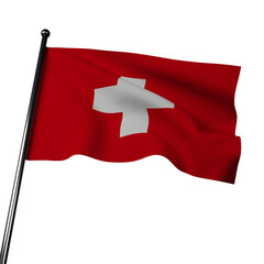 Switzerland's 3D flag waving in the wind, isolated on a gray . The flag features a red field with a white Greek cross in the center. 