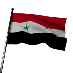 Syria's 3D flag waving in the wind, isolated on a gray. The flag has three horizontal bands of red, white, and black, with two green stars in the center. 