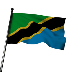 Tanzania's 3D flag waving in the wind, isolated on gray. The flag has horizontal bands of green, yellow, black, and blue. 