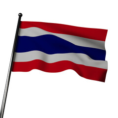 Thailand's flag in 3D waving in the wind, isolated on gray. It has  horizontal bands of red, white, and blue. The colors represent the nation, religion, and monarchy.