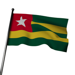 3D Togo flag waving in the wind, isolated on gray. The flag has horizontal bands of green, yellow, and red, with a white star in the corner. 