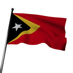 3D illustration of Timor-Leste's flag waving in the wind, isolated on gray. The flag features A red field with the black isosceles triangle based on the hoist-side bearing a white five-pointed star.