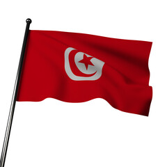 The flag of Tunisia gracefully waves in 3D, standing against a gray background. It features a red field with a white circle in the center, symbolizing the sun. 