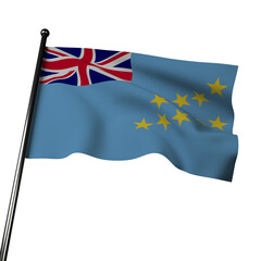 The flag of Tuvalu gracefully flutters in the wind in this 3D illustration, against a gray background. It features a light blue field with a Union Jack in the canton and nine yellow stars.