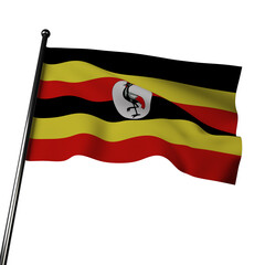 The flag of Uganda waves proudly in 3D, against a gray background. It consists of six horizontal stripes of black, yellow, and red, with a white circle in the center.