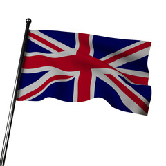 The United Kingdom's flag flies in 3D against a gray background. Known as the Union Jack, it combines the flags of England, Scotland, and Northern Ireland. 