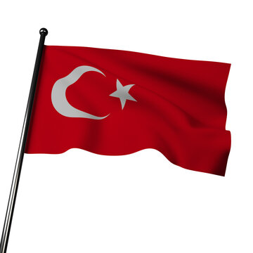 The 3D flag of Turkey proudly waves against a gray background. It features a red field with a white star and crescent in the center. 