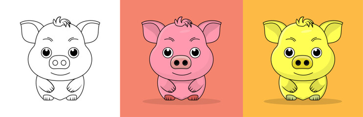 set of cute baby pig vector illustration with outline.adorable baby pig.