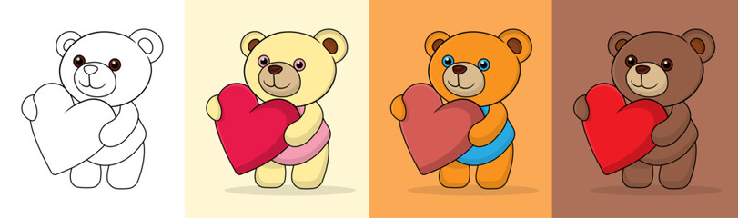Set of funny cartoon teddy bears,teddy bear holding heart.vector illustration with outline.