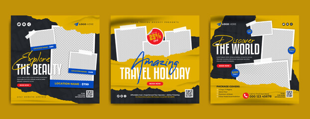 Adventure travel and tour business marketing social media post template. Travel sale web banner, flyer or poster. Travelling agency summer beach holiday promotion banner with brush stroke background.