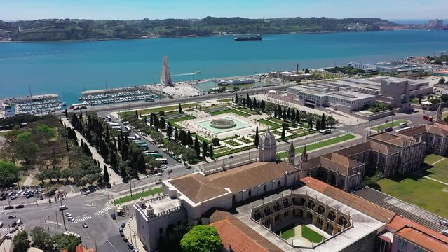 Aerial video of Marina Duca de Belham, and Padrao dos Descobrimentos Lisbon 