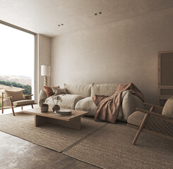 Home interior design in japanese style with large window, armchair and coffee table. Wall mockup in livingroom background. 3d rendering. High quality 3d illustration