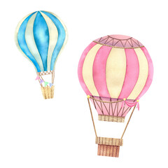 A bundle of balloons. Watercolor illustration on an isolated background. A journey through the sky. Children's room.