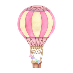 Air balloon. Watercolor illustration on an isolated background. A journey through the sky. Children's room.