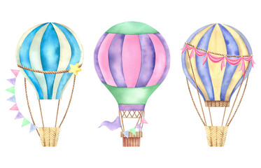 A set of balloons. Watercolor illustration on an isolated background. A journey through the sky. Children's room. Transport.