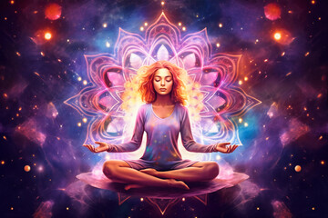 Deep meditation, transcendent, spiritual, yoga concept illustration. Created with Generative AI technology.