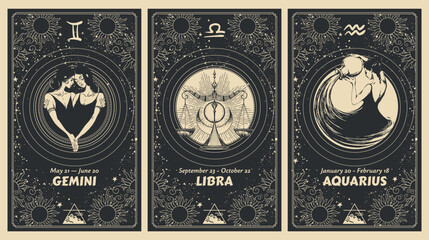 Gemini, Libra, Aquarius zodiac signs, air element, set of mystical astrology cards, horoscope banner with women on black background for stories. Vector boho hand drawing, magic design. - obrazy, fototapety, plakaty
