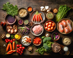 Fototapeta na wymiar Top view of organic raw fresh food on an old wooden table. Created with Generative AI technology.