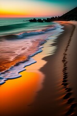 Una hermosa fotografía de una puesta de sol en la playa, con colores cálidos y vibrantes que reflejan paz y serenidad. La imagen muestra la silueta de una persona caminando por la orilla