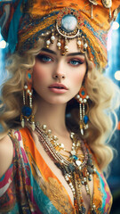 Fototapeta premium Beautiful colorful dressed hippie young woman. Created with Generative AI technology.