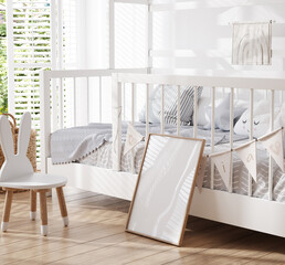 Mock up poster frame in white cozy children room interior background, 3D render - obrazy, fototapety, plakaty
