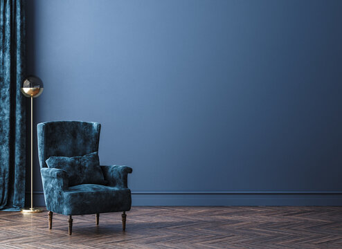 Chair with lamp in living room interior, dark blue wall mock up background, 3D render