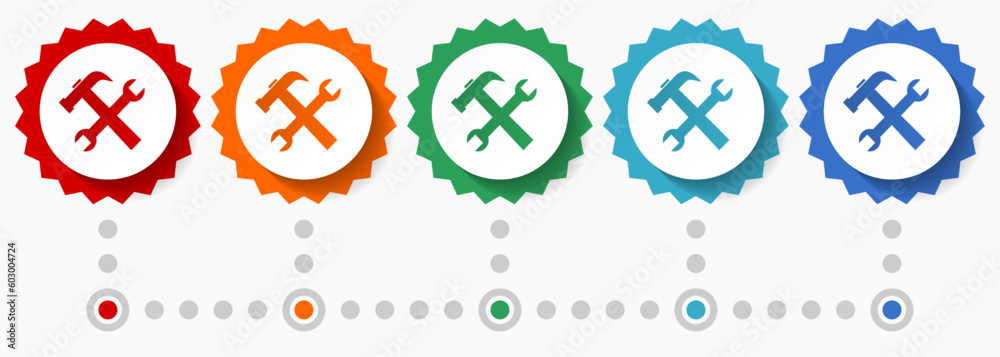 Poster tools, service vector icon set, colorful infographic template, set of flat design badge icons in 5 c
