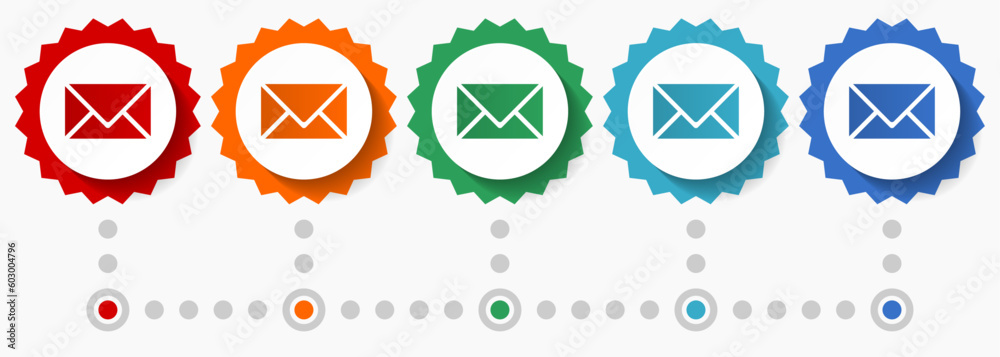 Poster email, envelope vector icon set, colorful infographic template, set of flat design badge icons in 5 