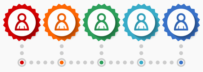 Person, human, man vector icon set, colorful infographic template, set of flat design badge icons in 5 color options