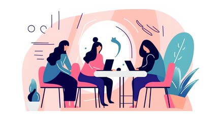 Concept of creative teamwork and meetings, stylized flat illustration with abstract elements. The essence of collaboration, innovative thinking, and synergy in a modern work environment. Generative AI