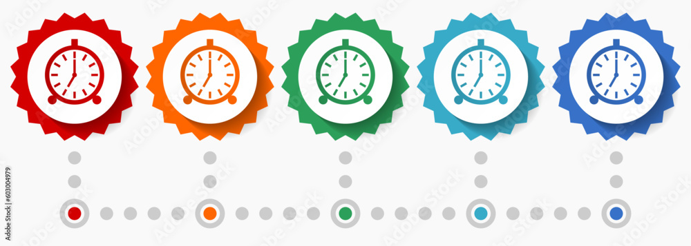Aufkleber Alarm clock vector icon set, colorful infographic template, set of flat design badge icons in 5 color options