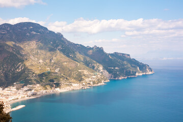 Naklejka na ściany i meble Panoramic view of Amalfi sea coast in Italy. Mediterranean coastal landscape