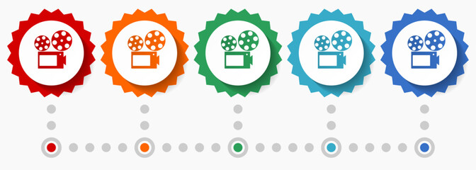 Movie camera, cinema vector icon set, colorful infographic template, set of flat design badge icons in 5 color options
