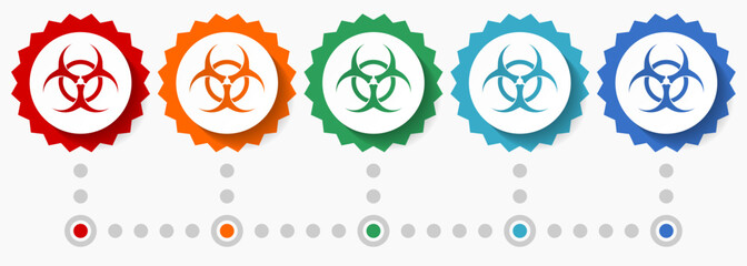 Biohazard vector icon set, colorful infographic template, set of flat design badge icons in 5 color options