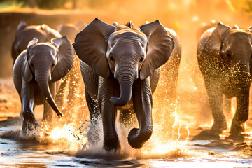 Fototapeta na wymiar group of baby elephants frolicking and spraying water with their trunks in a watering hole ai generated art