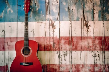 Red acoustic guitar on a faded red white and blue wood background symbolizes country music america 4th of july, americana