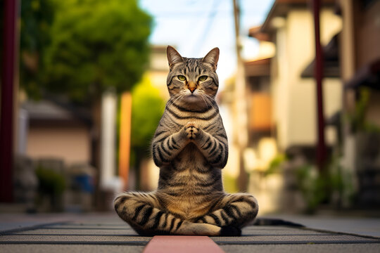taby cat striking a hilarious yoga pose at street ,no stress concept ai generated art